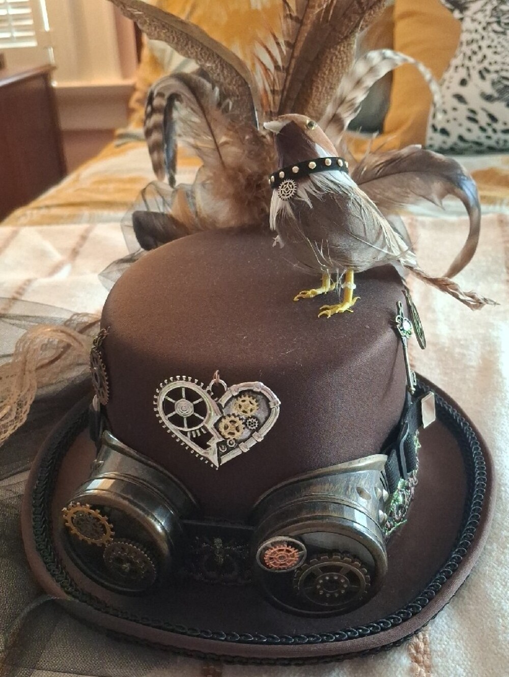 Brown Steampunk Top Hat with Feather and Gear Accents - Picture 5 of 9